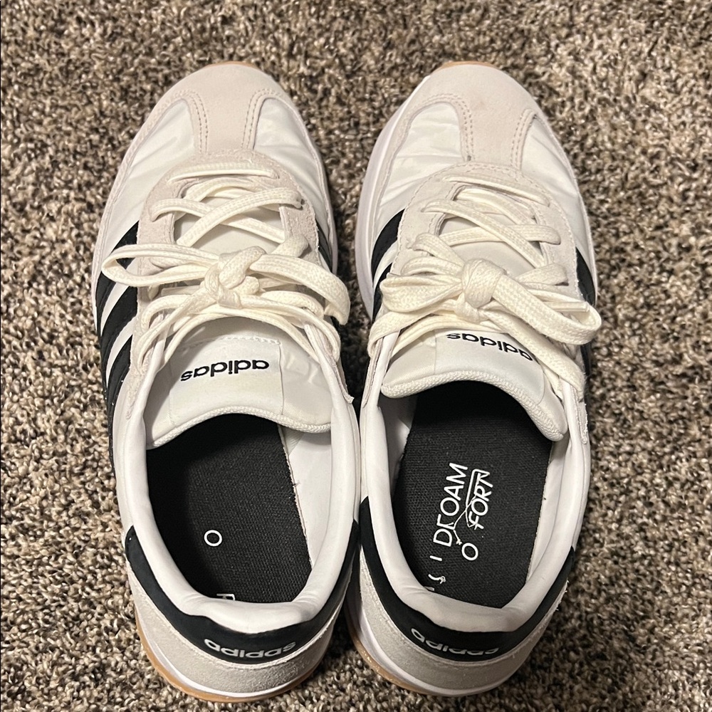 Adidas White and Black Athletic Shoes with Tan Details
